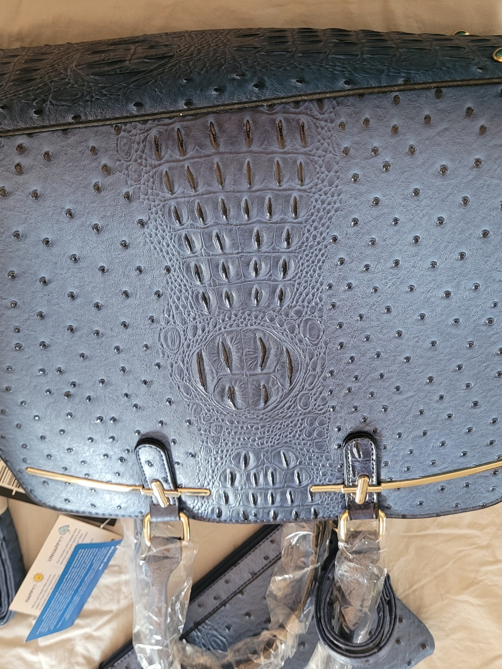Croc-Embossed Navy Shoulder Tote with Gold Accents